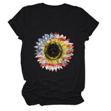 Sunflower Print Short Sleeve Casual Crew Neck T-Shirt Top