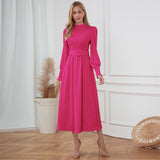 Women Date Dress Stand Collar Long Sleeve Skirt