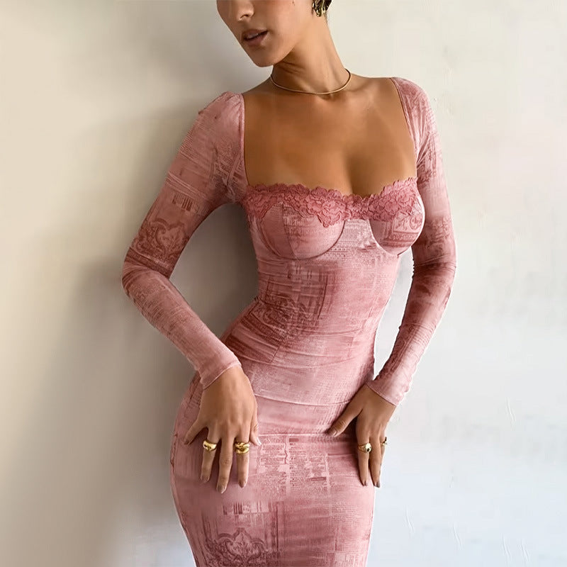 Women Dresses Autumn Sexy Hip Skirt Lace Long Sleeve Dress