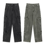Men Jeans Retro Washed Gray Cargo Jeans