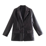 Women Leather Jacket Autumn Leisure Vintage Leather Loose Lapels Blazer