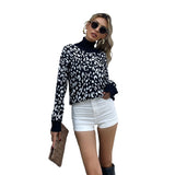 Women Knitted Sweater Long Sleeve Turtleneck Jacquard Black Leopard-Print Sweater