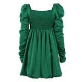 Women Dress Green Satin Waist Princess Dress Women Elegant Puff Sleeve Dress