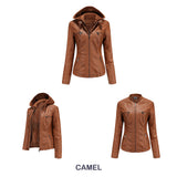 Red Leather Jacket Hooded Leather Jacket Two-Piece Detachable Leather Jacket Women's Spring and Autumn Coat Women's Pu