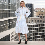 Women Dresses Spring Lantern Sleeve Embroidery Voile High Waist Dress (Qymy0409)