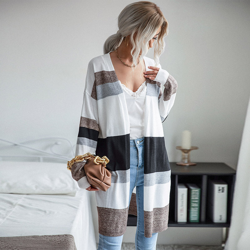 Women Knitted Sweater Thin Long Sleeve Color Matching Women's Sweater Cardigan