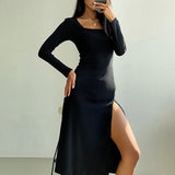 Women Dress Autumn Winter Retro Elegant Square Collar Long Sleeve Dress
