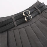 Women Skirt Double Belt Suit Pleated Skirt