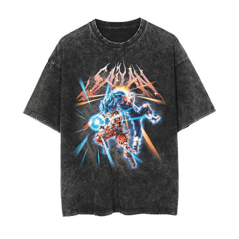 Cotton washed summer retro printed T-shirt men's and women's short sleeves