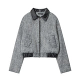 Women Jacket Stitching Lapel Short Jacket Autumn and Winter Zipper Cardigan Outerwear