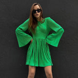 Women Dress Spring Green Pleated Dress round Neck Dress