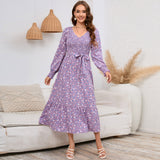 Women Date Dress V-neck Floral Skirt Dress