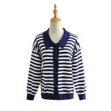 Women Sweater Knitwear Polo Collar Striped Knitted Cardigan Single-Breasted Sweater Coat