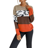 Women Knitted Sweater Autumn and Winter Leisure Top Leopard Print Color Block Long Sleeves Outerwear Sweater
