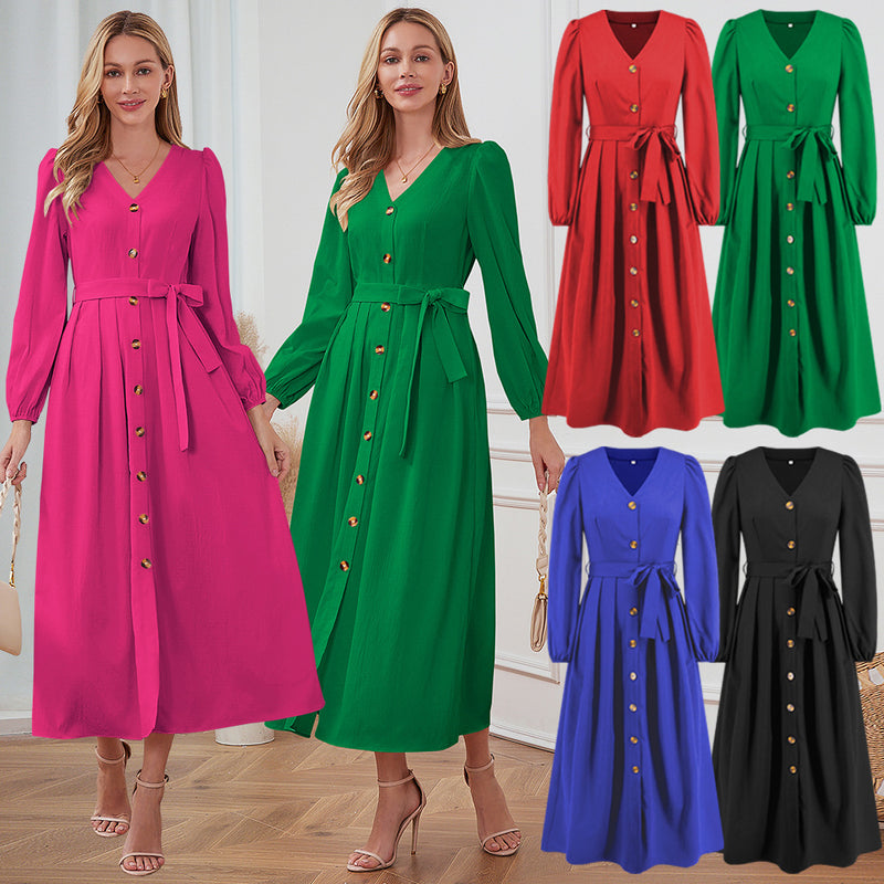 Women Date Dress Single-Breasted Cardigan Skirt V-neck Bubble Long Sleeve Dress
