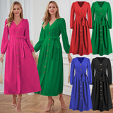 Women Date Dress Single-Breasted Cardigan Skirt V-neck Bubble Long Sleeve Dress