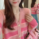 Women Knitwear Spring and Autumn V-neck Striped Tassel Sweater Slim-Fit Knitted Cardigan