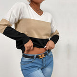 Women Knitted Sweater Autumn and Winter Leisure V-neck Top Color Matching Long Sleeve Sweater