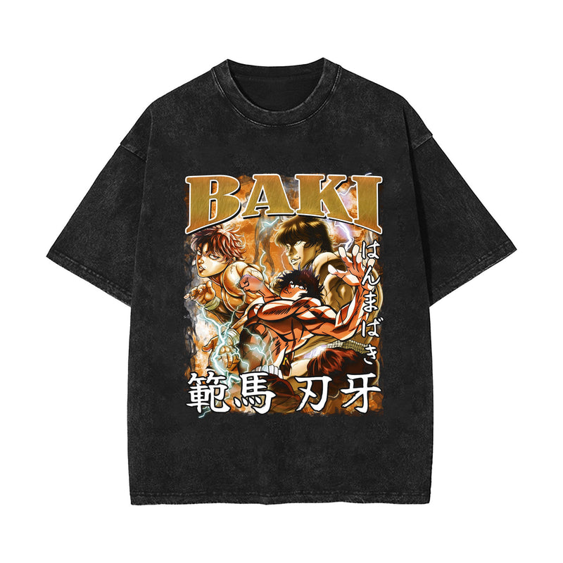 Washed Retro Cotton T-Shirt Baki Hanma Washed Old Short Sleeves