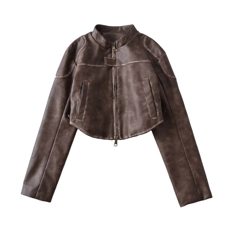 Women Leather Jacket Vintage Distressed Leather Clothing with Stand Collar Coat PU Leather Jacket
