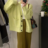 Women Knitted Cardigan V-neck Sweater Women Large Loose Pockets