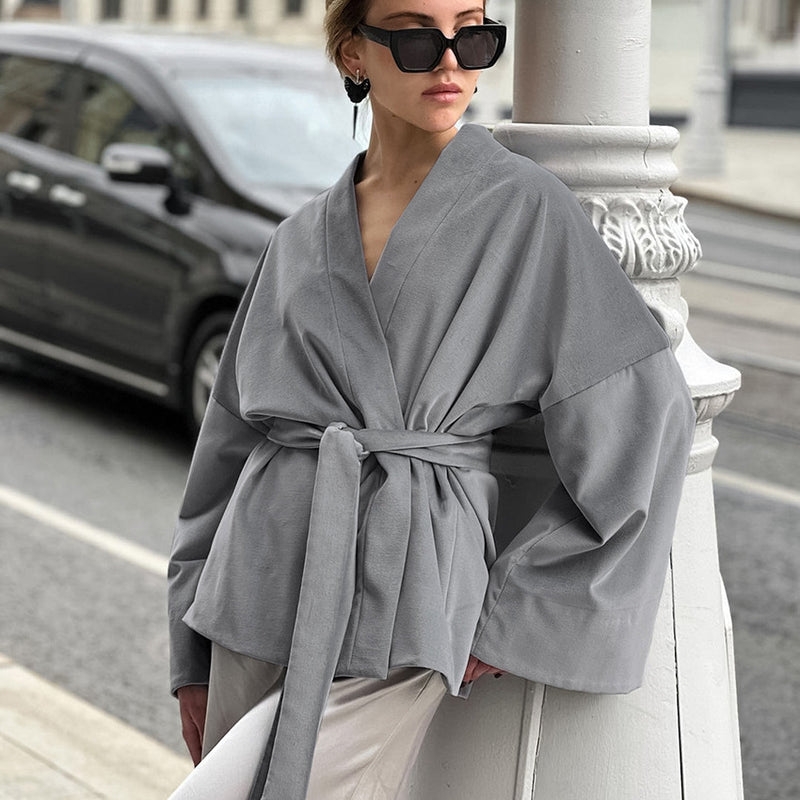 Women Trench Coat Knitted Retro V-neck Coat