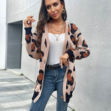 Women Knitted Sweater Fall Long Leopard Cardigan Knitted Sweater Coat