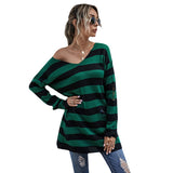Women Knitted Sweater V-neck Hole Striped Knitted Bottoming Sweater Female Autumn
