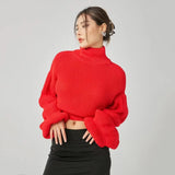 Women Sweater Knitwear Autumn and Winter Turtleneck Puff Sleeve Thick Thread Sweater Loose Long Sleeve Sweater Top
