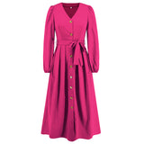 Women Date Dress Single-Breasted Cardigan Skirt V-neck Bubble Long Sleeve Dress