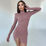 Women Dresses Winter Slim Fit Slit round-Neck Long-Sleeved Dress