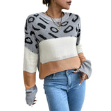 Women Knitted Sweater Autumn and Winter Long Sleeve Leopard Print Contrast Color Knitted Sweater
