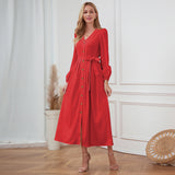 Women Date Dress Single-Breasted Cardigan Skirt V-neck Bubble Long Sleeve Dress
