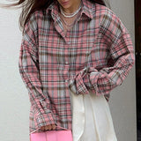 Women Trench Coat Vintage Pink Plaid Long Sleeve Shirt Loose Casual Shirt Coat