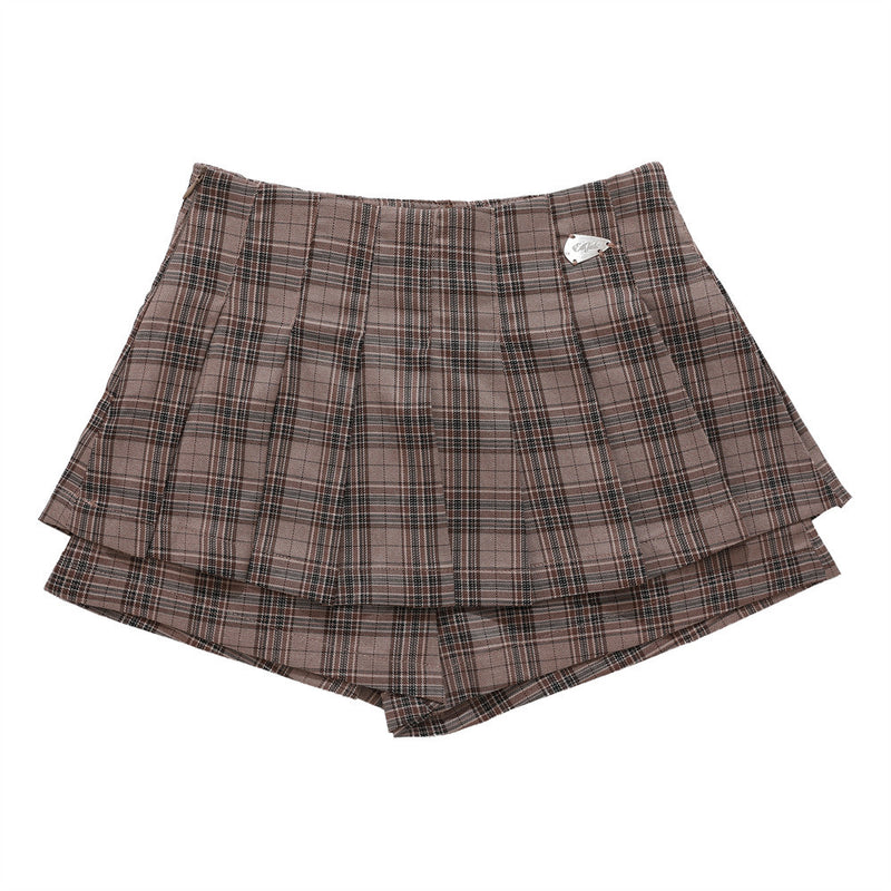 Women Shorts Plaid Pleated Pantskirt