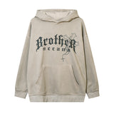 Men Hoodie Vintage Distressed Letters Printed Thickening Velvet Padded Hooded Sweatshirt