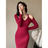 Women Maxi Dress Spring, Autumn and Winter V-neck off-Shoulder Slim Fit Hip Knitwear Dress