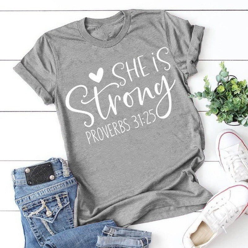 She Is Strong Letter Print T Shirt Women Short Sleeve Tshirt