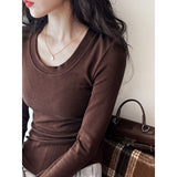 Women T Shirt Slim-Fit Long-Sleeved U-Neck Bottoming Shirt