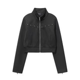Women Jacket Decorative Rivets Zip Short Jacket Stand-up Collar Cardigan Coat