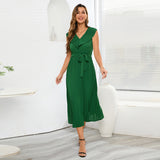 Women Date Dress Chiffon Pleated Dress Slim Fit Elegant Solid Color V-neck Dress
