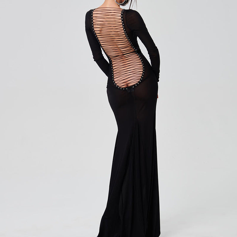 Women Dresses Spring Sexy Mesh Backless Long Sleeves Dress