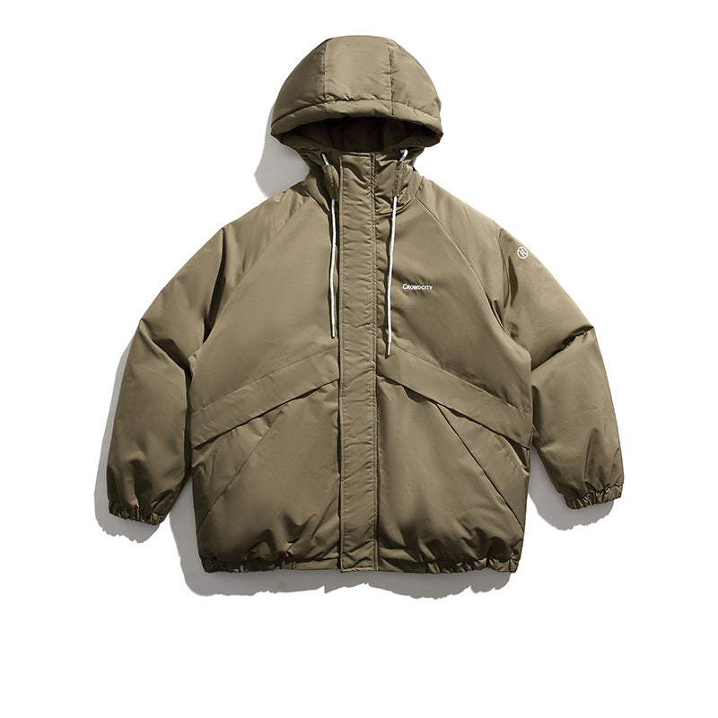 Unisex Winter Cotton Coat Pocket Decorative Hooded Cotton-Padded Coat Vintage Loose and Warm Cotton-Padded Coat