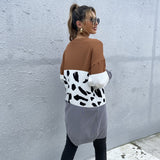 Women Knitted Sweater Fall Long Leopard Splicing Cardigan Knitted Sweater Coat