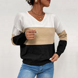 Women Knitted Sweater Autumn and Winter Leisure V-neck Top Color Matching Long Sleeve Sweater