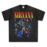 Mens Vintage Rock Band T-Shirt Nirvana Band Print Short Sleeve T-Shirt Loose Vintage Crew Neck