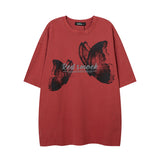 Men T Shirt Butterfly Graffiti Washed and Worn Short Sleeve T-shirt Men and Women Oversize