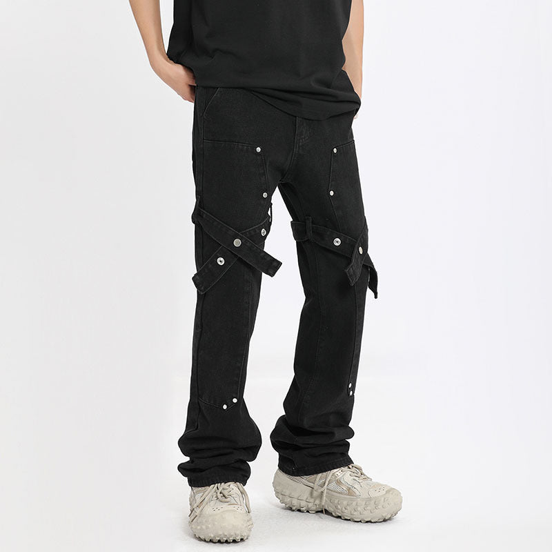 Men Jeans Straight Cargo Jeans Loose Straight-Leg Wide-Leg Pants