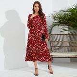 Women Date Dress Autumn and Winter Leisure Floral V-neck Long-Sleeve Dress