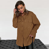 Women Trench Coat Corduroy Coat Autumn and Winter Long Sleeve Retro Long-Sleeved Fleece Sweater